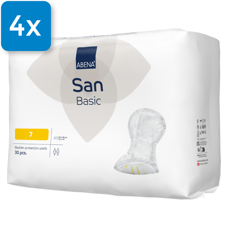 Vorderseite der Verpackung der Abena San Basic 7. Oben Links befindet sich ein blaues Viereck mit der Aufschrift "4x", welches signalisiert, dass vier Packungen in einem Karton enthalten sind.